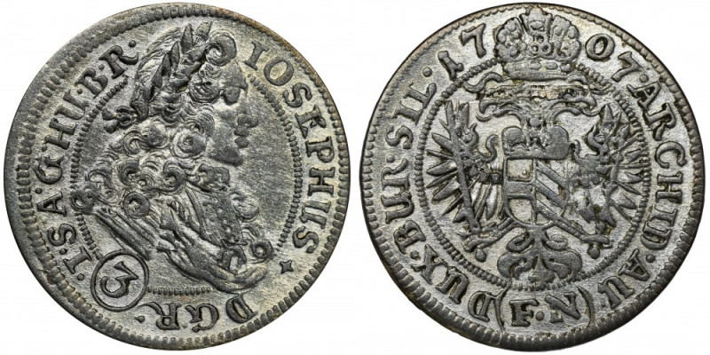 Silesia, Habsburg rule, Joseph I, 3 Kreuzer Breslau 1707 FN - UNLISTED Nienotowa...