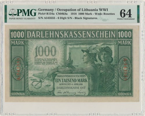 Kowno, 1.000 Mark 1918 - A - 6 digital serial number - PMG 64 Odmiana z numeracj...