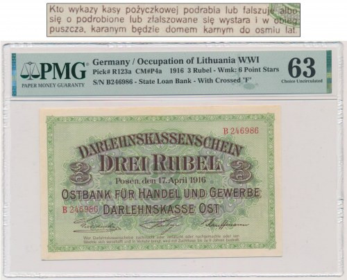 Posen 3 Rubles 1916 - B - long clause - PMG 63 - VERY RARE Bezdyskusyjnie najrza...