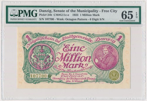 Danzig, 1 milion Mark 08 August 1923 - 6 digital serial number with ❊ not rotate...