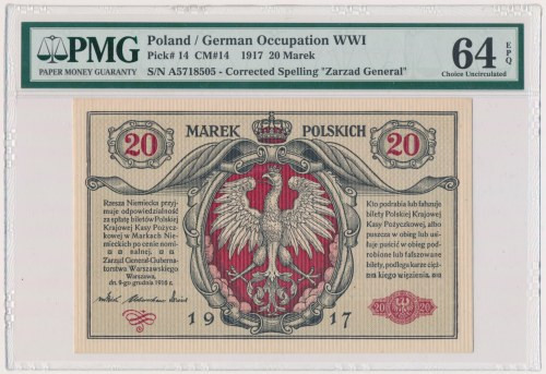 20 marek 1916 Generał - PMG 64 EPQ Typologicznie banknot bardzo rzadki w tak zna...