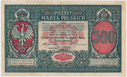 500 marek 1919 - DYREKCJA - ŁADNA Pierwszy polski banknot wydany przez Dyrekcję ...