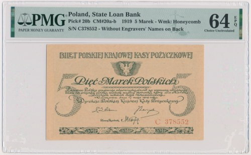 5 marek 1919 - C - PMG 64 EPQ Odmiana jednoliterowa z wysoką numeracją.&nbsp; Be...