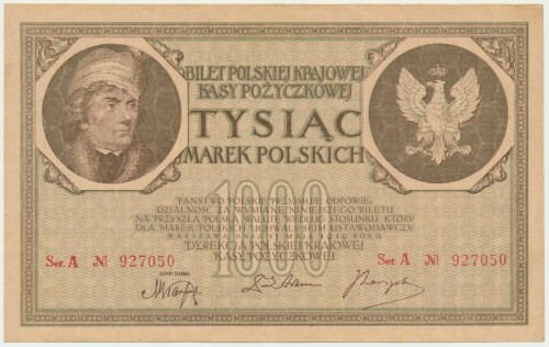 1.000 marek 1919 - 2 x Ser. A - PIĘKNE i RZADKIE Rzadka odmiana z podwójną numer...