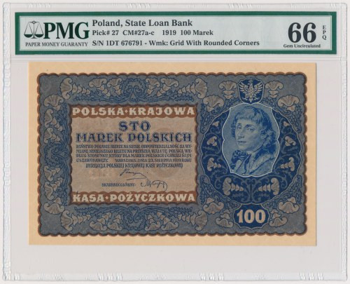 100 marek 1919 - ID Serja T - PMG 66 EPQ Odmiana z numeratorem typu '7' według k...