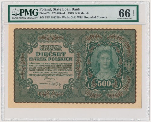 500 marek 1919 - I Serja BF - PMG 66 EPQ Emisyjny stan zachowania.&nbsp; Druga n...