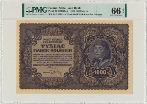 1.000 marek 1919 - III Serja AF - PMG 66 EPQ Powszechnie dostępny banknot, ale w...