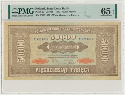 50.000 marek 1922 - X - PMG 65 EPQ Pięknie zachowany banknot w stanie drukarskie...