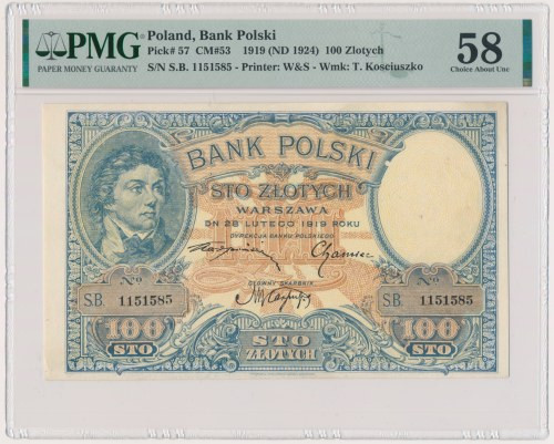 100 złotych 1919 - S.B - PMG 58 Jeden z najbardziej udanych projektów graficznyc...