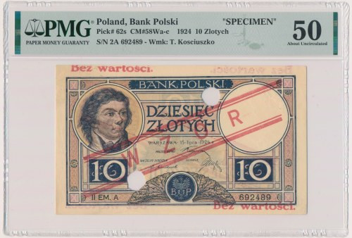 10 złotych 1924 - WZÓR - II EM.A - PMG 50 Odmiana z perforacją oraz nadrukiem wz...