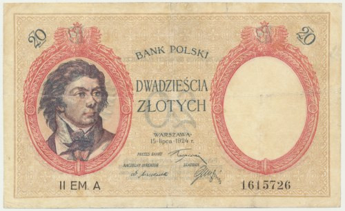 20 złotych 1924 - II EM.A - RZADKI Typologicznie bardzo rzadki i poszukiwany ban...