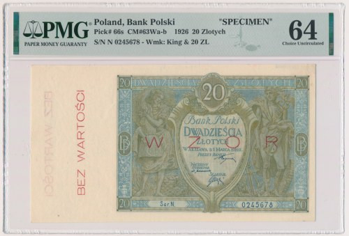 20 złotych 1926 - WZÓR - Ser.N - PMG 64 Rzadki i ceniony wzór banknotu, który w ...