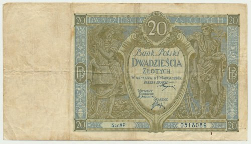 20 złotych 1926 - Ser.AP. - RZADKOŚĆ w naturalnym stanie zachowania Jeden z najr...