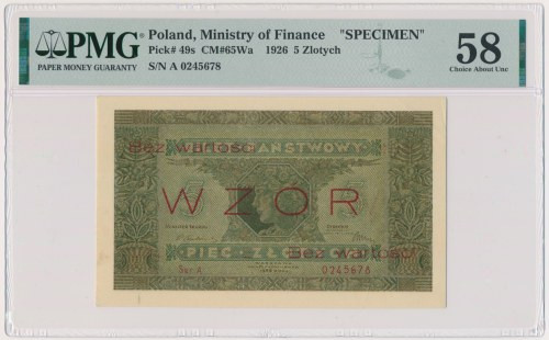 5 złotych 1926 - WZÓR - Ser.A - PMG 58 Wzór typologicznie rzadkiego i poszukiwan...