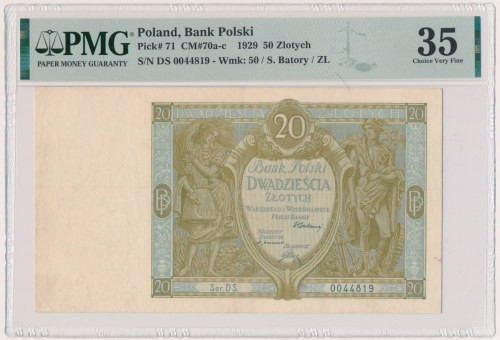 20 złotych 1929 - Ser.DS - PMG 35 - PIĘKNY Typologicznie banknot rzadki w każdym...