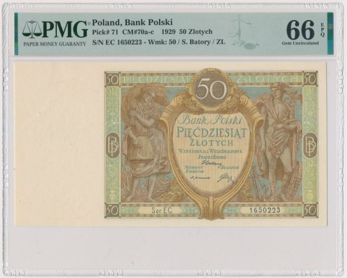 50 złotych 1929 - Ser. EC. - PMG 66 EPQ Odmiana bez kropki rozdzielającej litery...