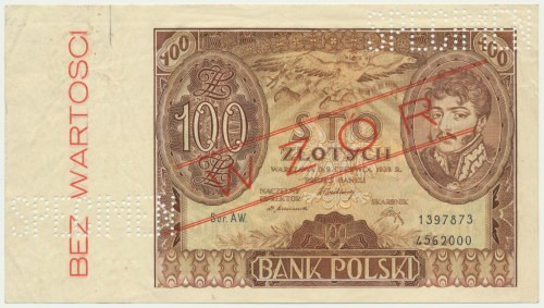 100 złotych 1932 - WZÓR - Ser. AW. - z perforacją SPECIMEN - BARDZO RZADKI Bardz...