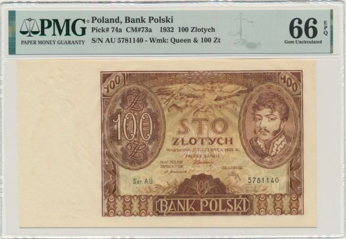 100 złotych 1932 - Ser. AU. - PMG 66 EPQ - znw. kreski na dole Rzadszy rocznik.&...