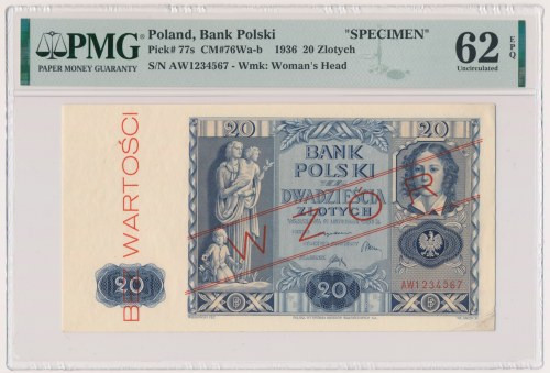 20 złotych 1936 - WZÓR - AW - PMG 62 EPQ Odmiana wzoru wydana dla kas krajowych,...