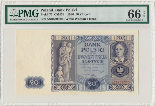 20 złotych 1936 - AX - PMG 66 EPQ Wczesna seria.&nbsp; Emisyjny stan zachowania....