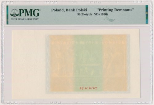 50 złotych 1936 - AB - PMG - bez wklęsłodruku Awers bez wklęsłodruku.&nbsp; Pięk...