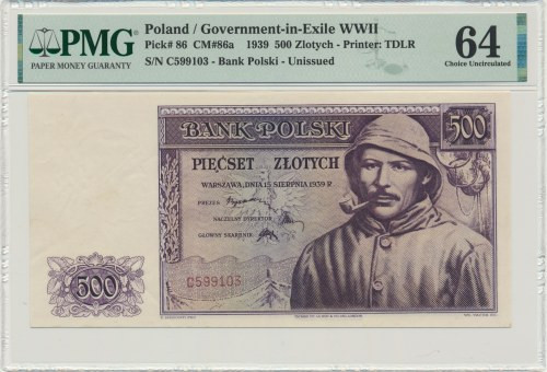 500 złotych 1939 - C - PMG 64 - RZADKI Poszukiwany i ceniony banknot Banku Polsk...