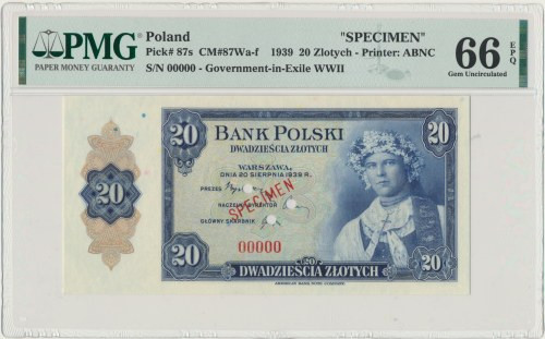 20 złotych 1939 SPECIMEN 00000 - PMG 66 EPQ Numeracja zerowa składająca się z sa...