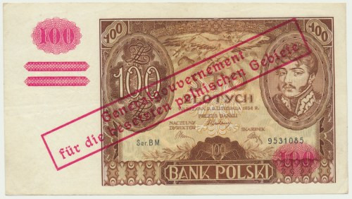 100 złotych 1934(9) - Ser.BM. - oryginalny przedruk okupacyjny - znw. dwie kresk...