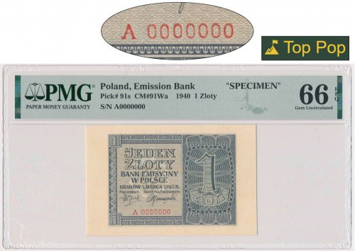 1 złoty 1940 - WZÓR - A 0000000 - PMG 66 EPQ - RZADKI Wzory okupacyjne oznaczone...