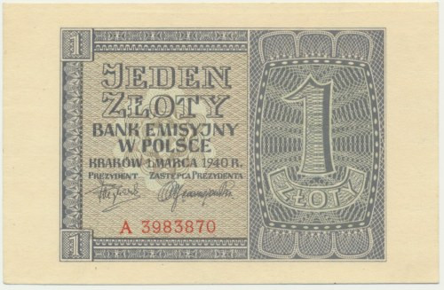 1 złoty 1940 - A - Pierwsza seria A.&nbsp; Naturalna smuga drukarska na górnym m...