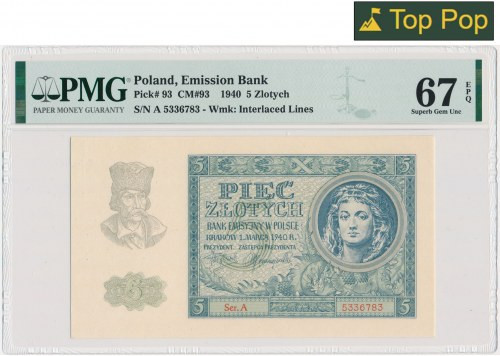 5 złotych 1940 - A - PMG 67 EPQ - WYŚMIENITY Pierwsza, rzadsza okupacyjna 5-złot...