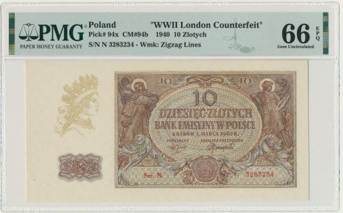 10 złotych 1940 - N. - PMG 66 EPQ - London Counterfeit Wielokrotnie rzadsza seri...