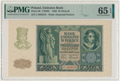 50 złotych 1940 - C - PMG 65 EPQ Rzadziej notowana seria.&nbsp; Wczesny, rzadszy...