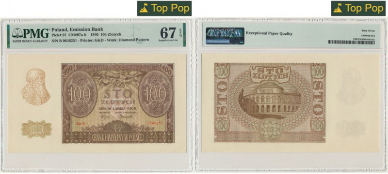 100 złotych 1940 - Fałszerstwo ZWZ - B - PMG 67 EPQ Fałszerstwo ZWZ.&nbsp; Perfe...