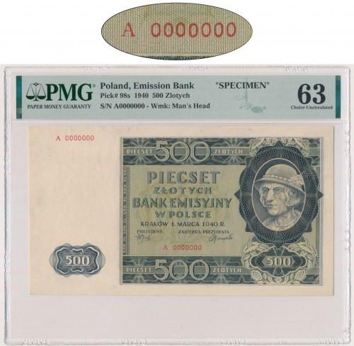 500 złotych 1940 - WZÓR - A 0000000 - PMG 63 - RZADKOŚĆ Wszystkie wzory banknotó...