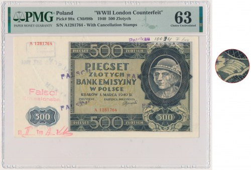 500 złotych 1940 - A 12... - Ostemplowany Falsyfikat Londyński - PMG 63 - RZADKO...