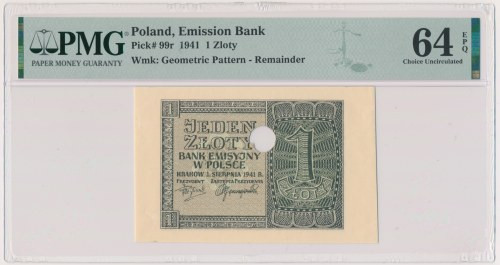 1 złoty 1941 - destrukt bez numeratora i serii - PMG 64 EPQ Egzemplarz bez oznac...