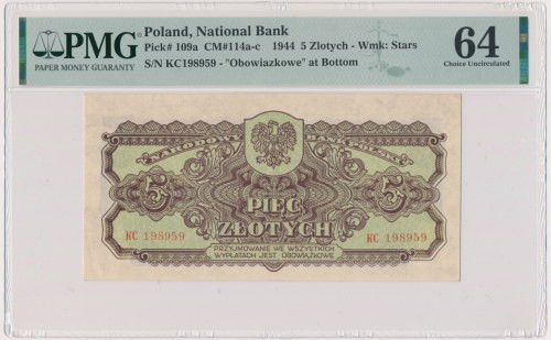 5 złotych 1944 ...owe - KC - PMG 64 Odmiana z klauzulą 'obowiązkowe', wariant se...