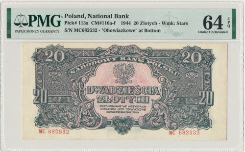 20 złotych 1944 ...owe - MC - PMG 64 EPQ Odmiana z klauzulą obowiązkowe i dużymi...