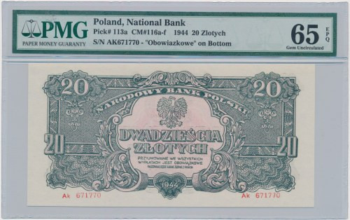 20 złotych 1944 ...owe - Ak - PMG 65 EPQ Odmiana z klauzulą 'obowiązkowe'. Emisy...