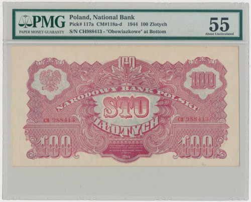 100 złotych 1944 ...owe - CH - PMG 55 Odmiana z klauzulą 'obowiązkowe'.&nbsp; Pr...