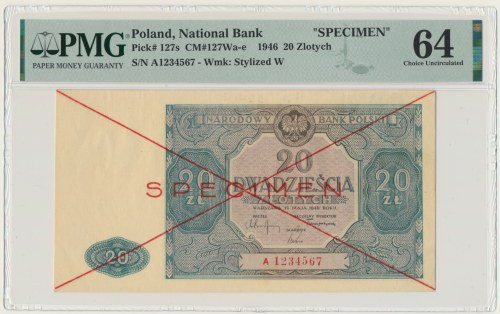 20 złotych 1946 - WZÓR - A 1234567 - PMG 64 - druk niebieski Rzadki wzór w kolor...