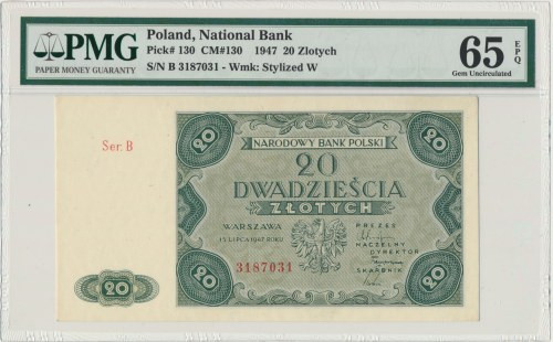 20 złotych 1947 - B - PMG 65 EPQ Śladowe nieświeżości końcówek narożników.&nbsp;...