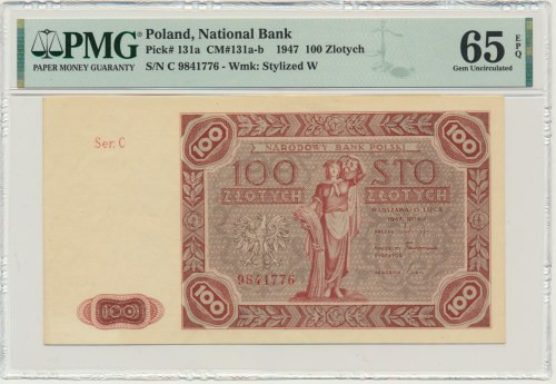 100 złotych 1947 - C - PMG 65 EPQ - PIĘKNY Banknot w stanie drukarskiej świeżośc...