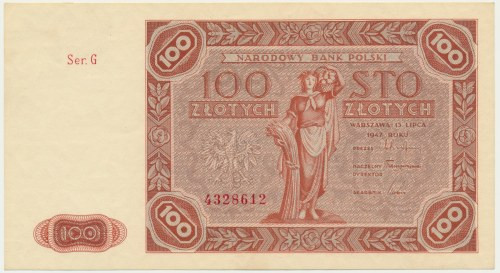 100 złotych 1947 - G - Odmiana z niską literą serii.&nbsp; Atrakcyjny egzemplarz...