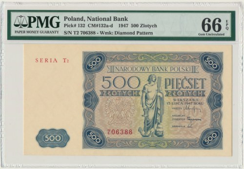 500 złotych 1947 - T2 - PMG 66 EPQ Rzadsza odmiana z cyfrą 2 w serii. Wyśmienity...