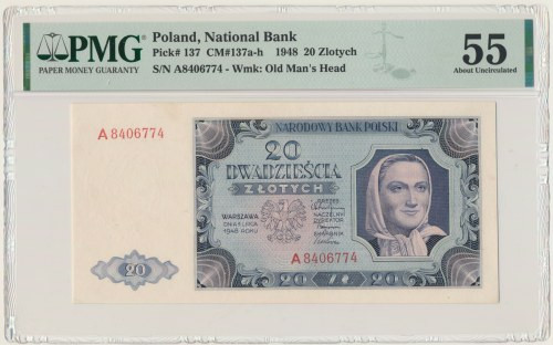 20 złotych 1948 - A - PMG 55 Rzadka seria jednoliterowa i lubiana pierwsza seria...