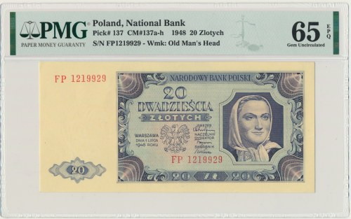 20 złotych 1948 - FP - PMG 65 EPQ Seria z rzeczywistego obiegu.&nbsp; Emisyjny s...