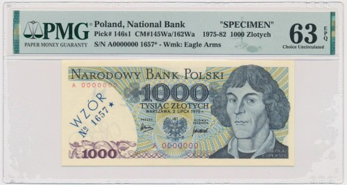 1.000 złotych 1975 - WZÓR - A 0000000 No.1657 - PMG 63 EPQ Nieświeżości rogów.&n...