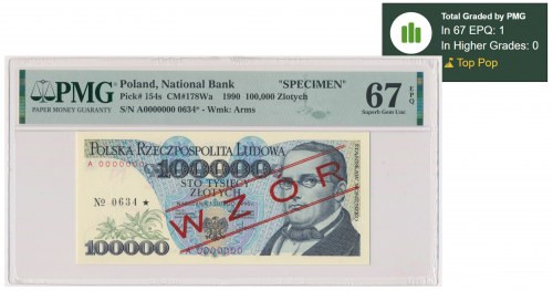 100.000 złotych 1990 - WZÓR - A 0000000 - nr 0634 - PMG 67 EPQ Emisyjny stan zac...